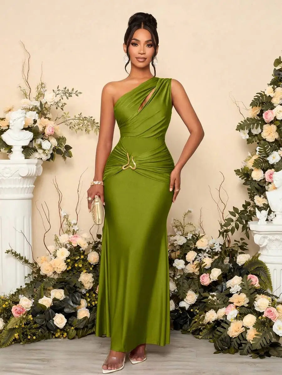 Women's Solid Color Hollow Asymmetric Neck Metal Decorated Bodycon Dress