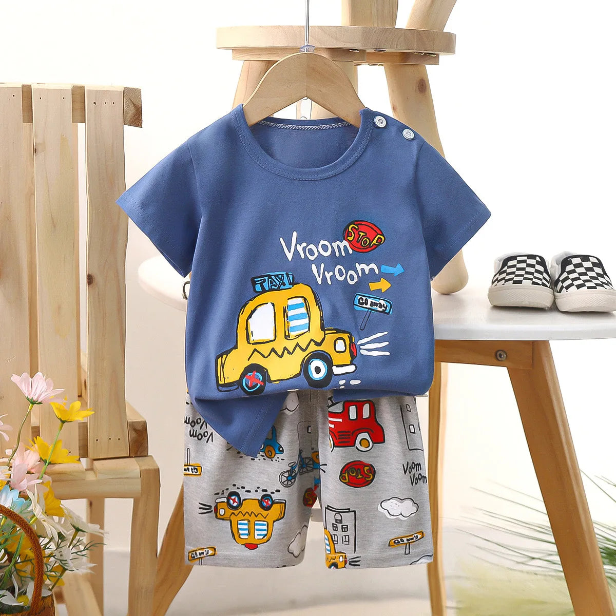 Pure Cotton Kids Cartoon Clothing Summer Short Sleeve Suits Boys Girls T-Shirts+Short