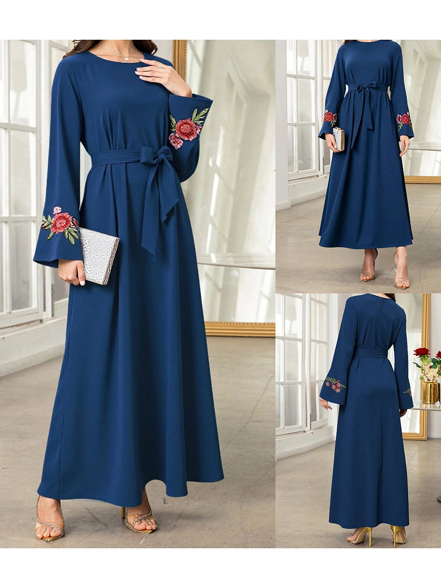 Elegant Floral Patterned Abaya Dress with Belt and Flare Sleeves Round Neck