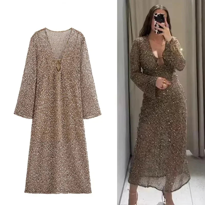 Sexy Sequined Long Pleated Dress Women Deep V-neck Full Sleeve See Through Dresses  ﻿