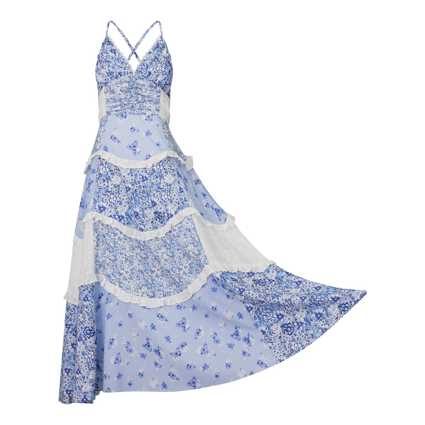 Elegant Boho Chic Maxi Dress with Floral Print and Delicate Lace Details Sleeveless V-Neck A-Line Dress for Summer Wedding or