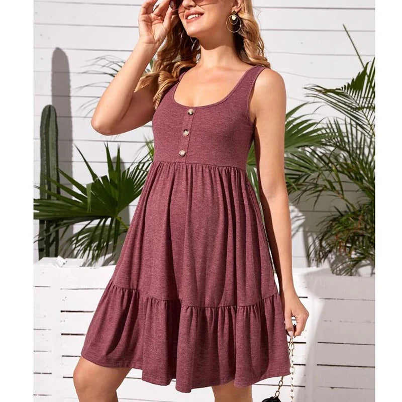 Maternity Button Pocket Dresses Pregnant Women Office Casual Clothes Cotton Summer