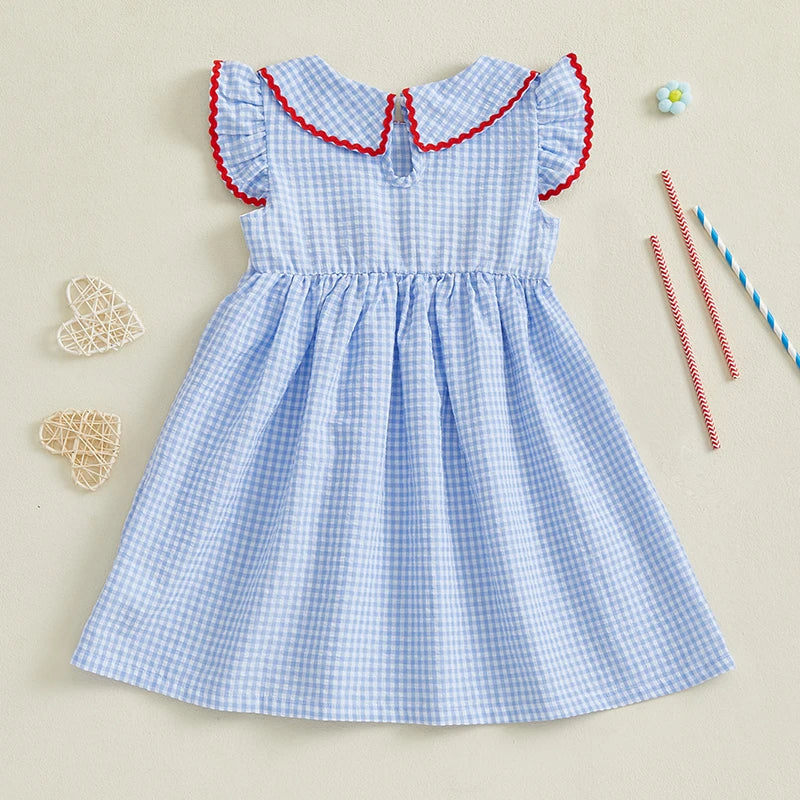 Girls Patriotic 4th of July Dress with Flutter Sleeves and Round Neckline American Flag