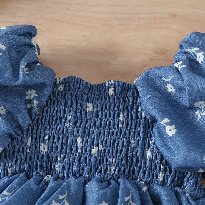 Girls Summer Floral Print Off Shoulder A-line Dress with Short Puff Sleeves -