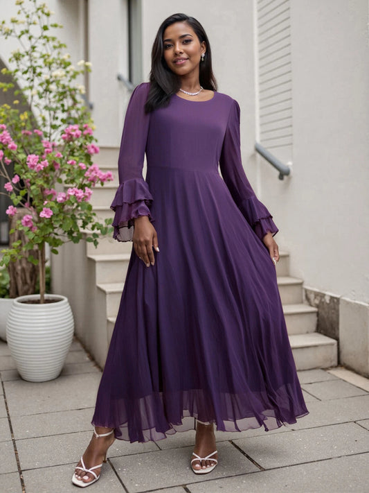 Elegant Velvet O-Neck Long Sleeve Flowing Dress For Women