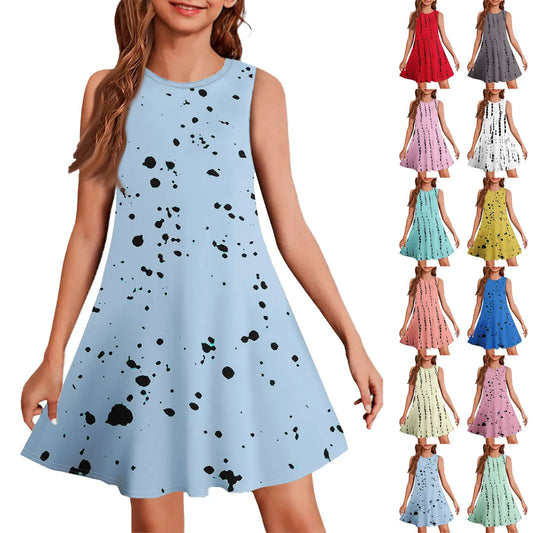 Children Girls Summer Casual Sleeveless Dress Crew Neck