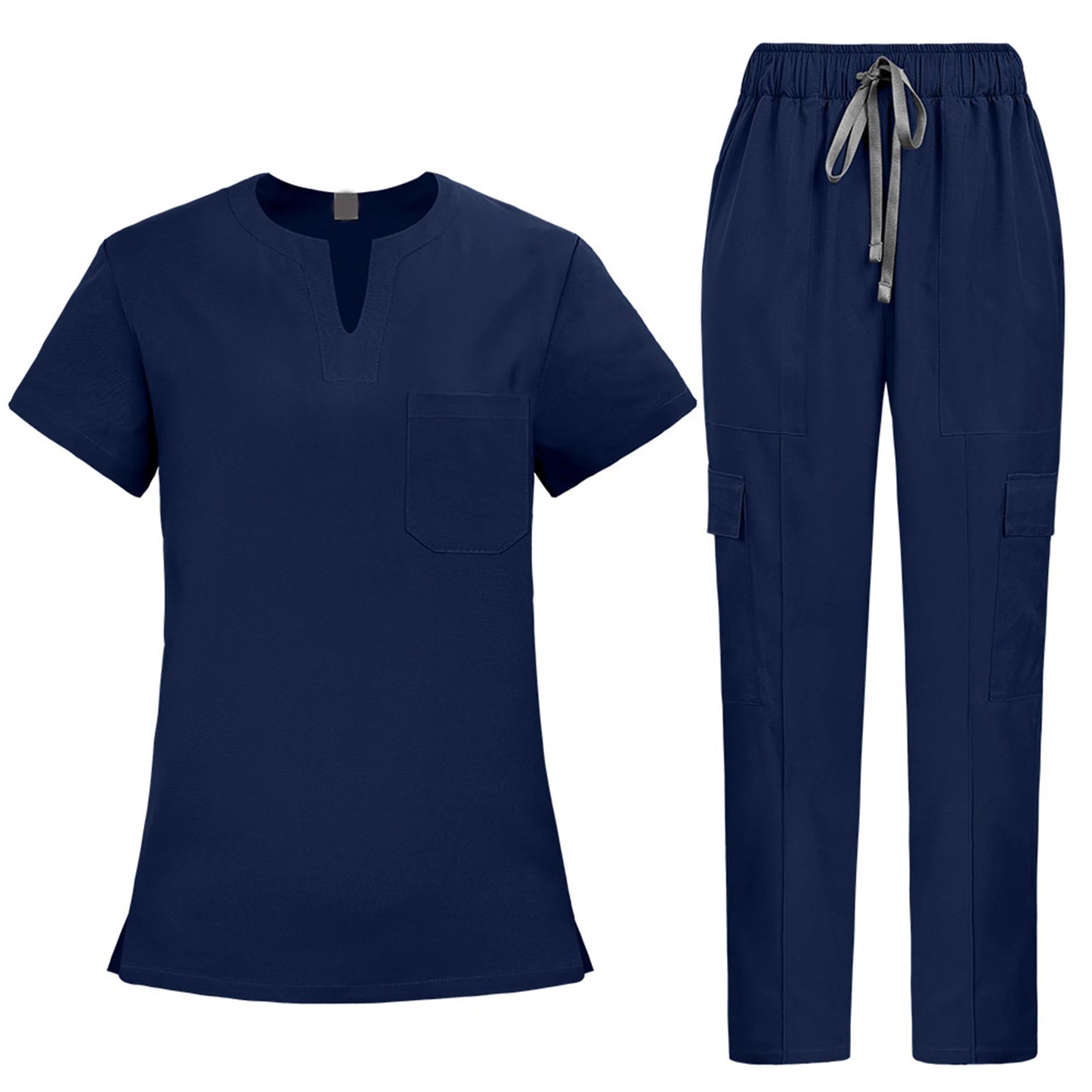V-Notch Short Sleeve Multi-Pocket Cargo Pants Medical Uniform Healthcare  Professional Outfit